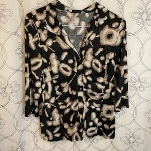 Woman's Laura‎ Max Black Brown 3/4 Sleeve Button Up Top V-Neck Collared Large